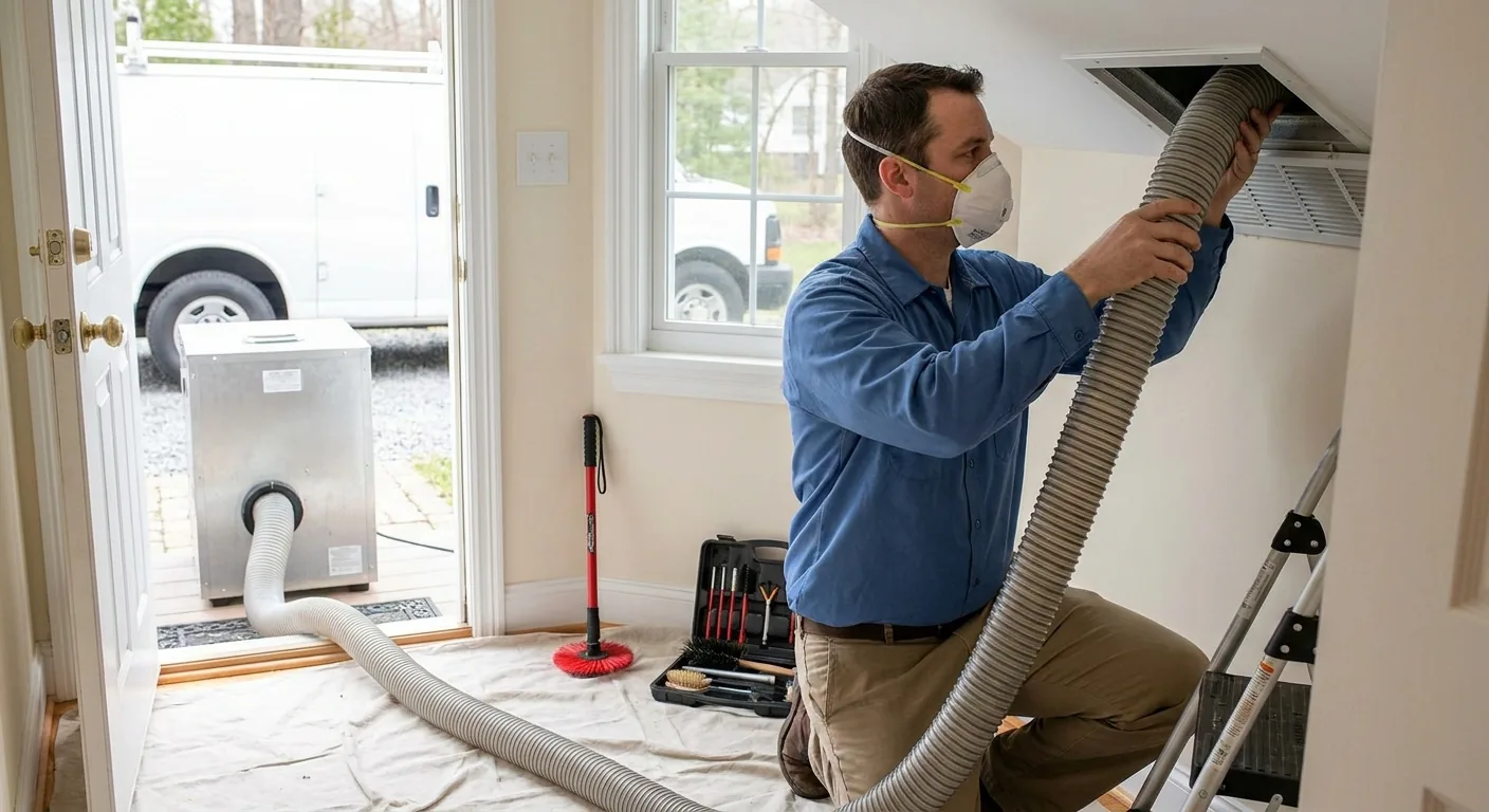 Air duct cleaning technician in an N95 mask feeding a large 8-inch flexible vacuum hose down a ceiling supply vent