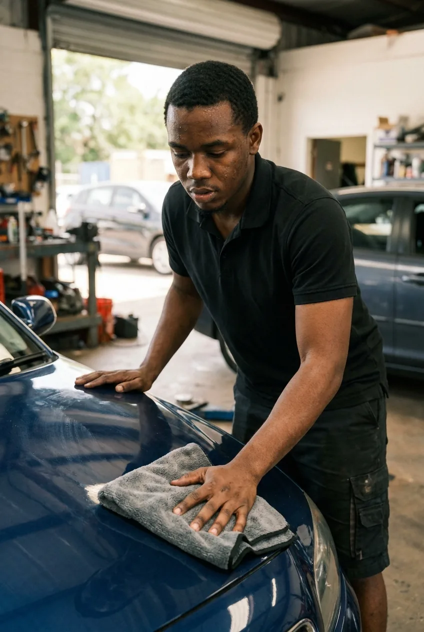 Mobile auto detailer wiping the hood of a clean car with a plush microfiber towel after polishing