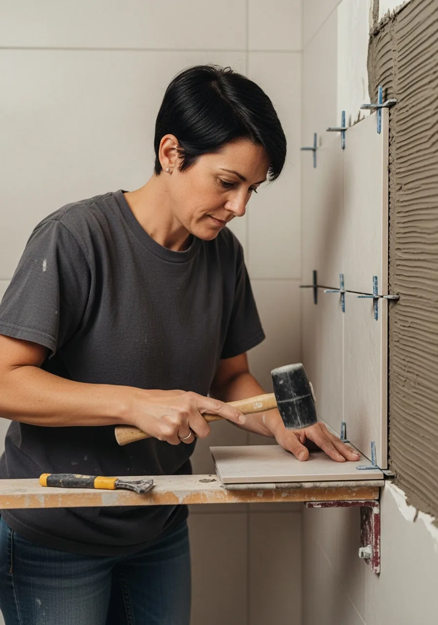 Bathroom remodeler setting a tile into fresh thinset on a shower wall and tapping it flush with a rubber mallet