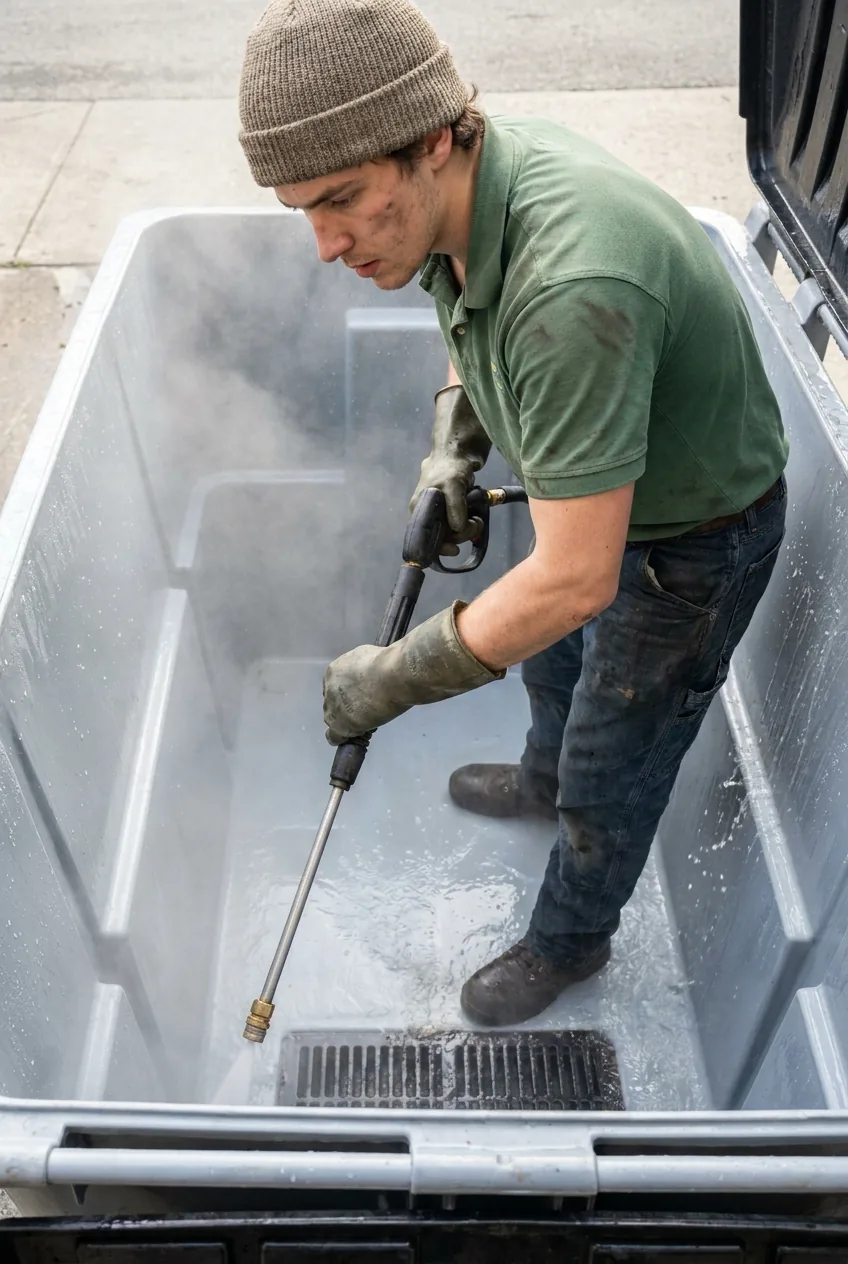 Trash bin cleaning technician the inside of a freshly washed trash bin