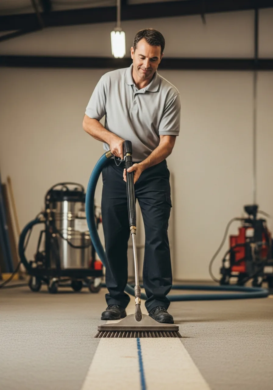 Carpet cleaning technician guiding the truck-mount wand along the carpet edge with the trigger depressed
