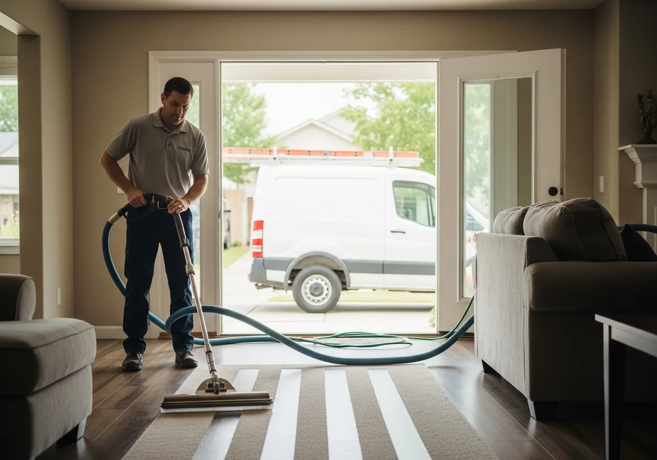 Carpet cleaning technician running a stainless steel truck-mount carpet wand across a living-room floor leaving clean stripes