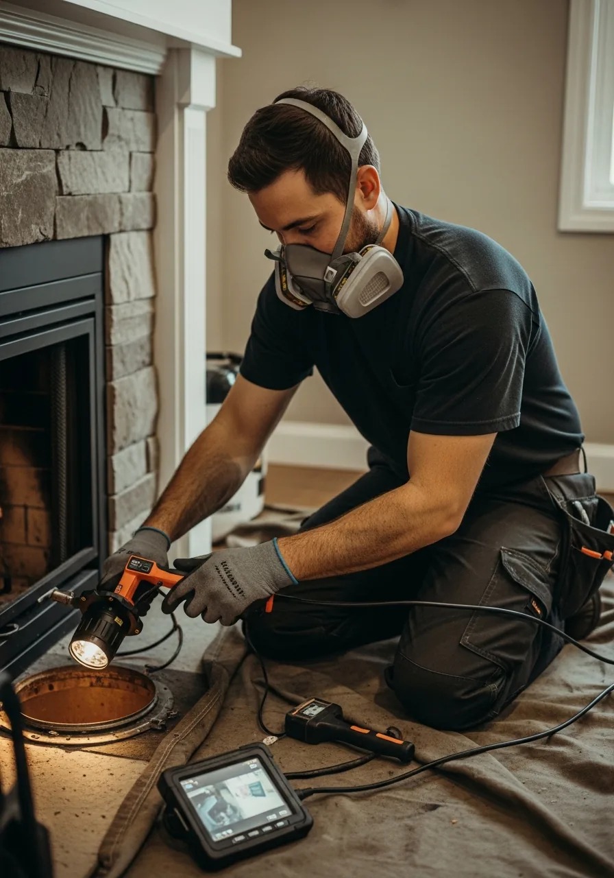 Chimney sweep in a respirator kneeling on a canvas drop cloth at the fireplace hearth