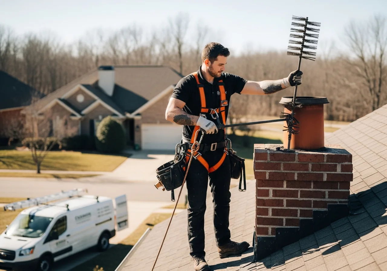 Chimney sweep in a fall-arrest harness anchored to the ridge standing beside a brick chimney on a residential roof