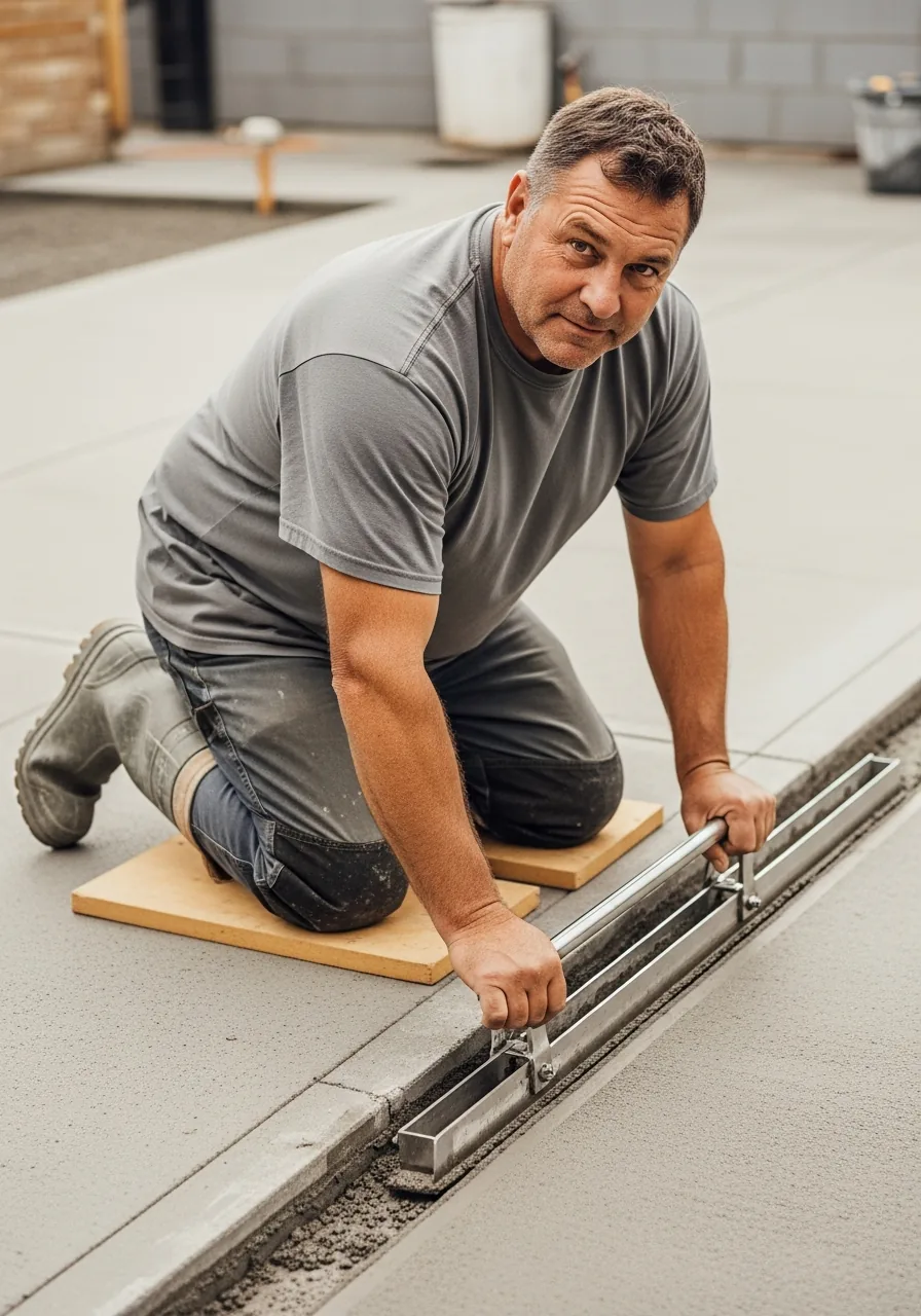 Concrete finisher running a stainless concrete edger along the side of a fresh walkway