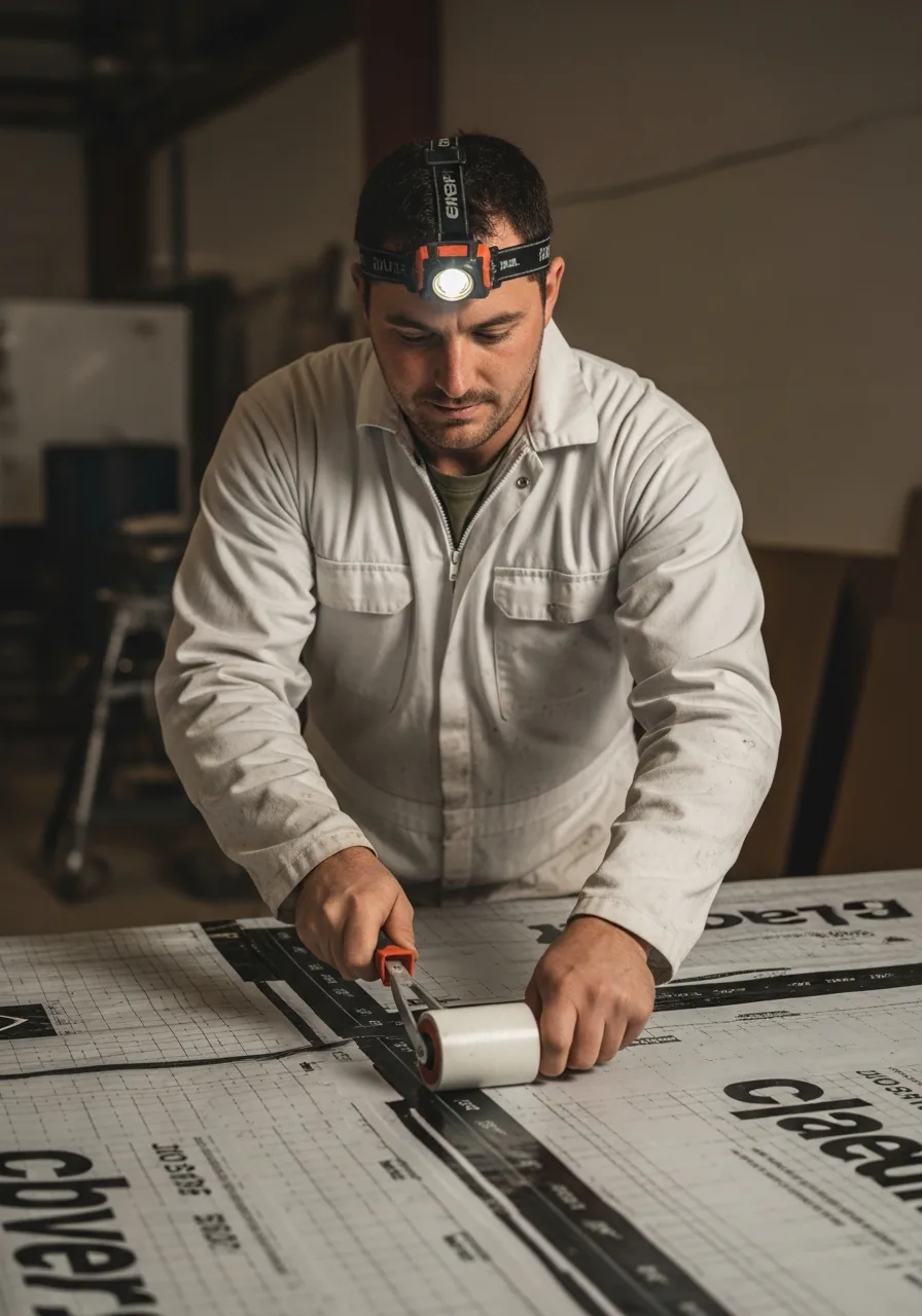 Crawl space technician pressing butyl seam tape along an overlap of encapsulation sheeting with a hand roller