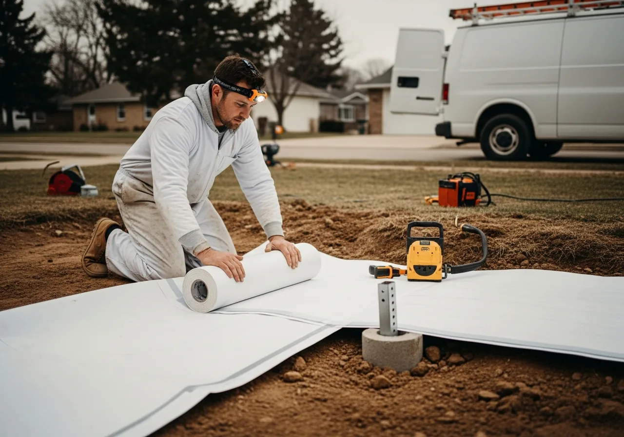 Crawl space technician rolling out white reinforced vapor barrier across the dirt floor of a low crawl space and seam-taping it