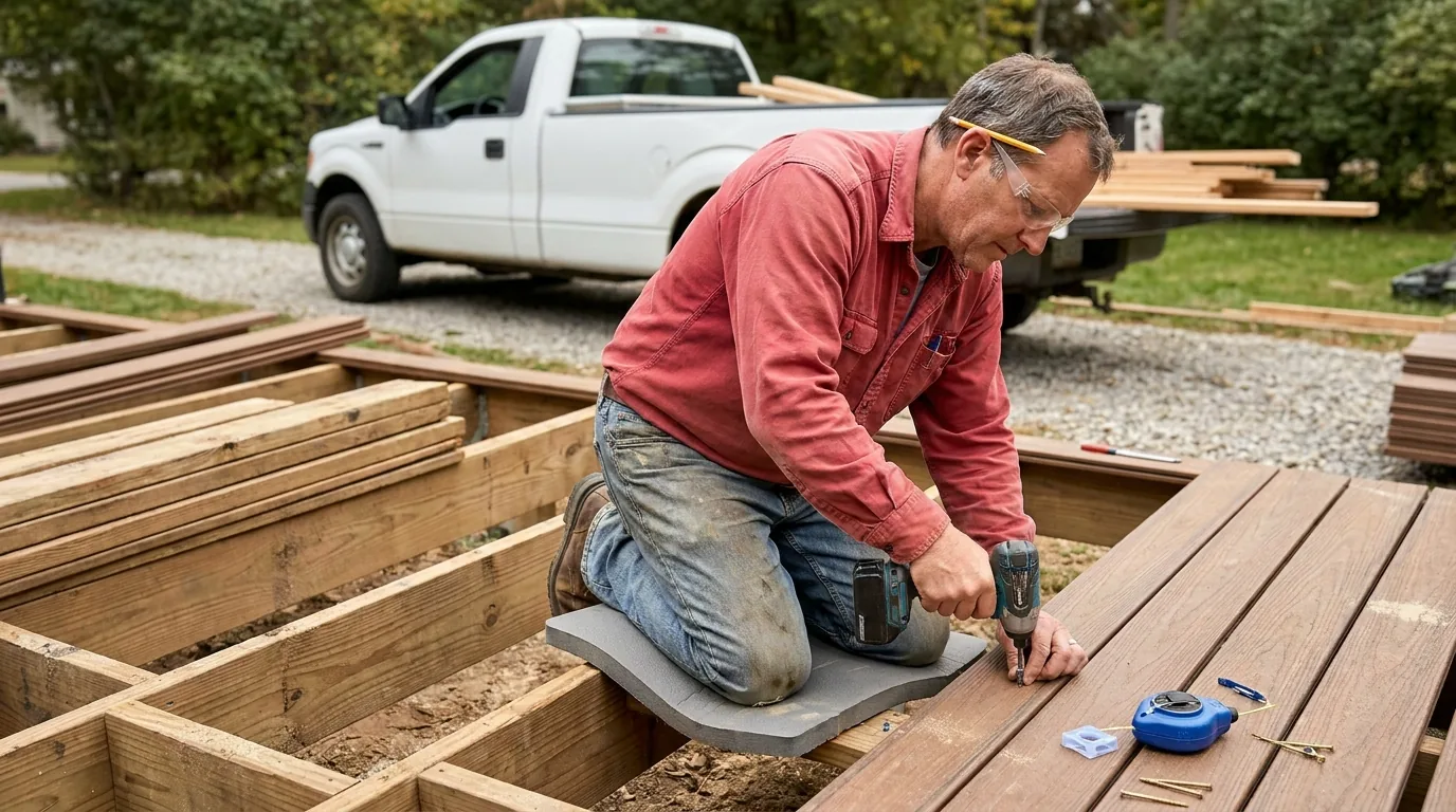 Deck builder in safety glasses kneeling on a foam pad on partially decked joists in a backyard
