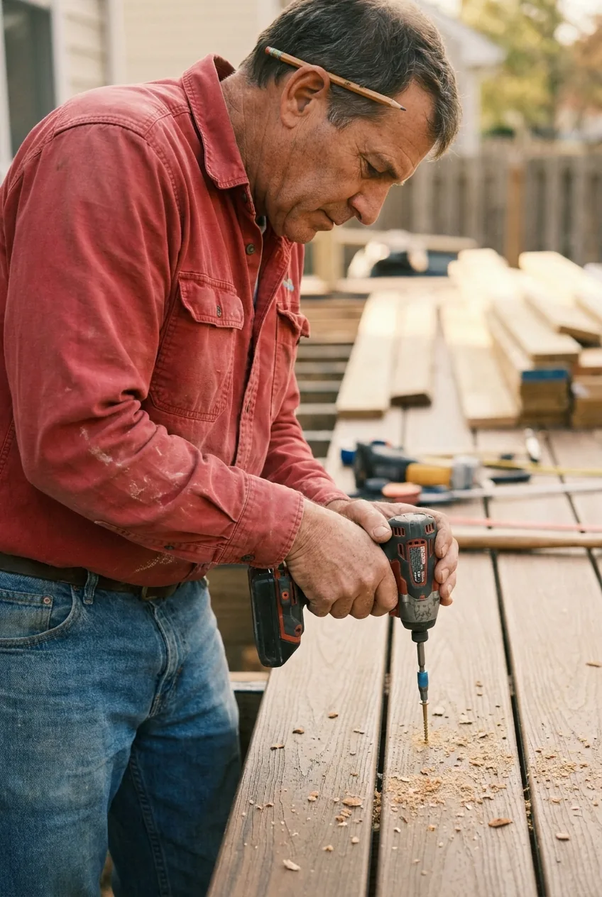 Deck builder a cordless impact driver with a star-drive bit sinking a coated deck screw flush into a fresh composite deck board