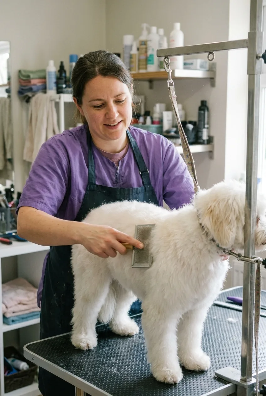 Mobile pet groomer hands working a slicker brush through a fluffy dog's coat on a rubber-topped grooming table