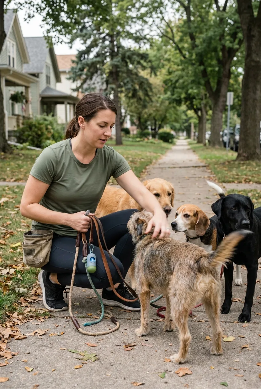 Dog walker crouching to pet one of the dogs mid-walk on a neighborhood sidewalk