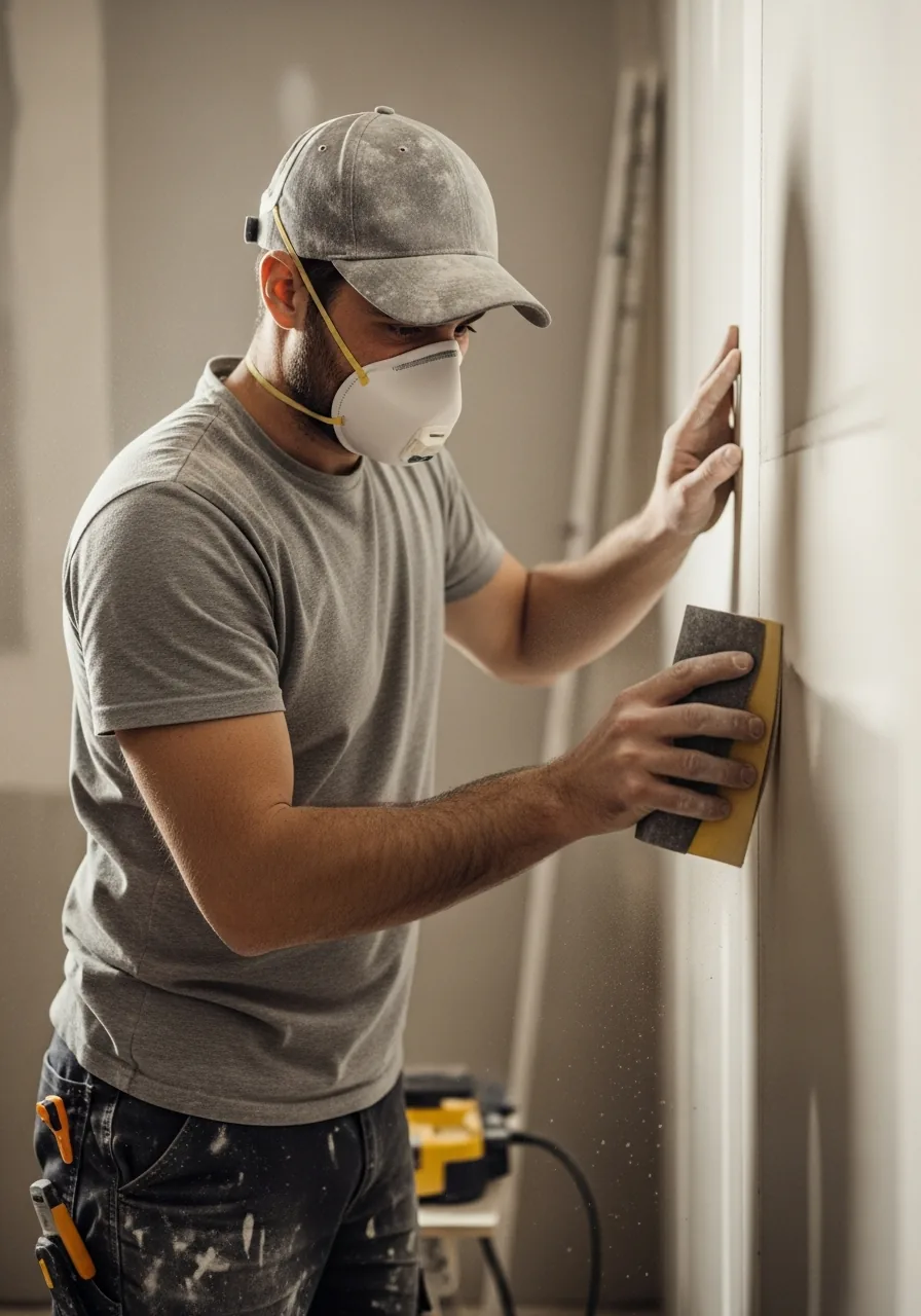 Drywall finisher sanding a drywall seam smooth with a fine-grit sanding sponge