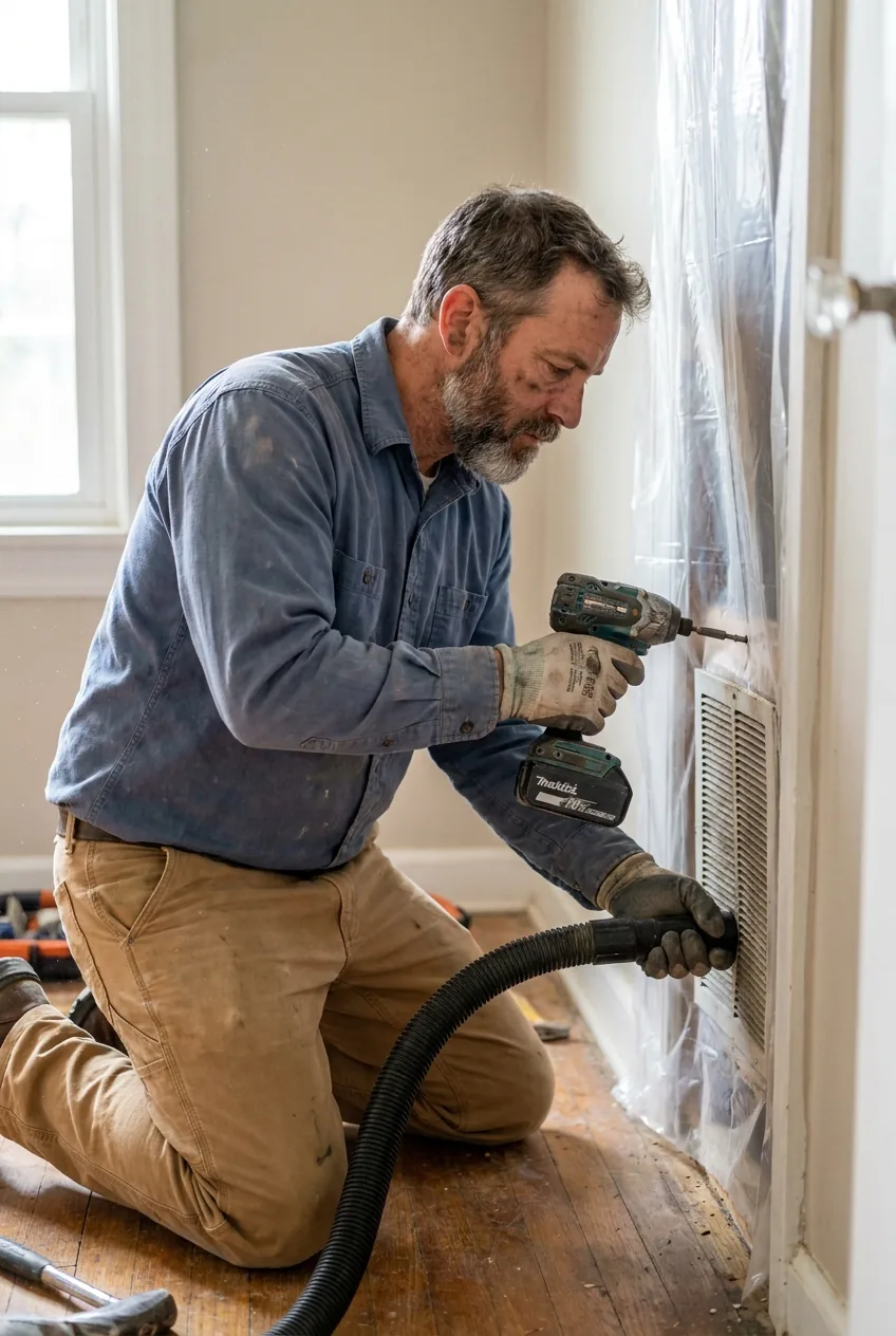 Air duct cleaning technician gloved hands using a cordless impact driver to back out the screws holding a wall supply register cover