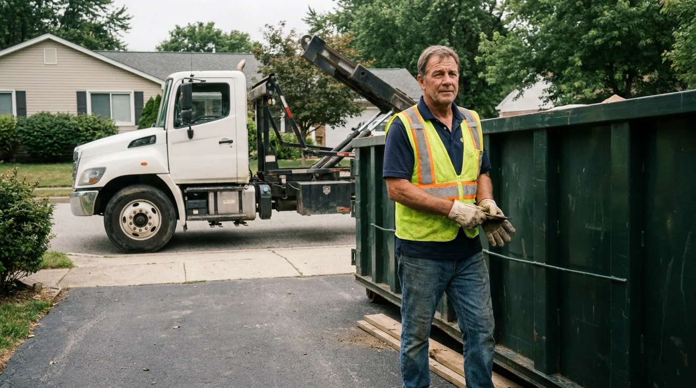 Dumpster rental operator in a hi-vis safety vest