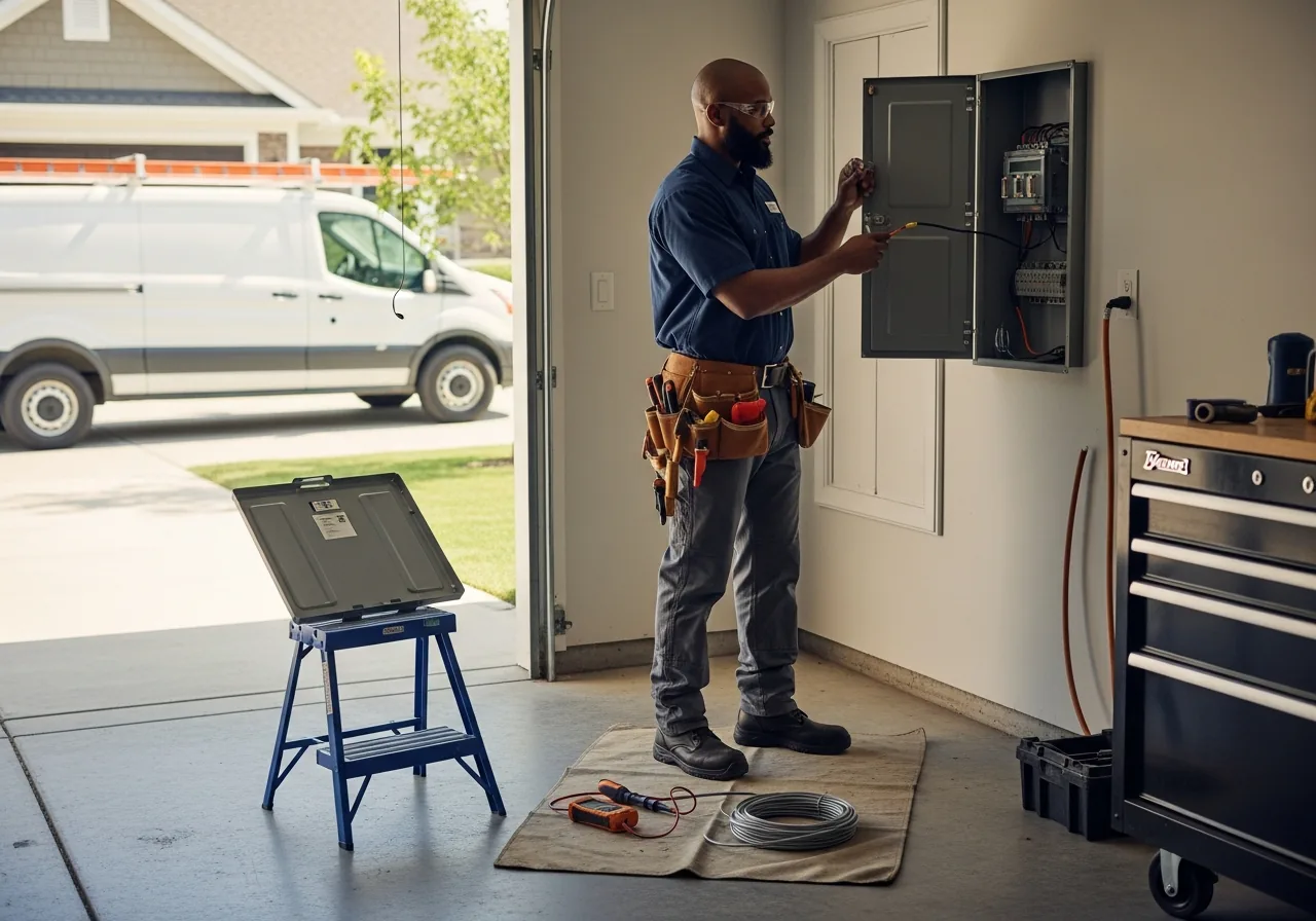 Electrician in safety glasses standing at an open residential load center in a clean garage