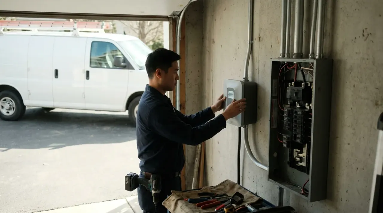 Ev charger installer mounting a level 2 ev wall charger to a garage wall beside an electrical sub-panel