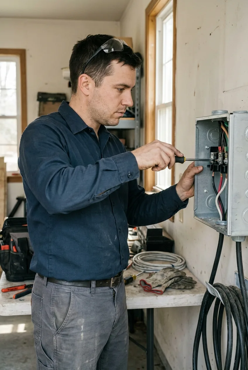 Ev charger installer landing a stripped thhn conductor onto the ev charger's line lug with an insulated screwdriver