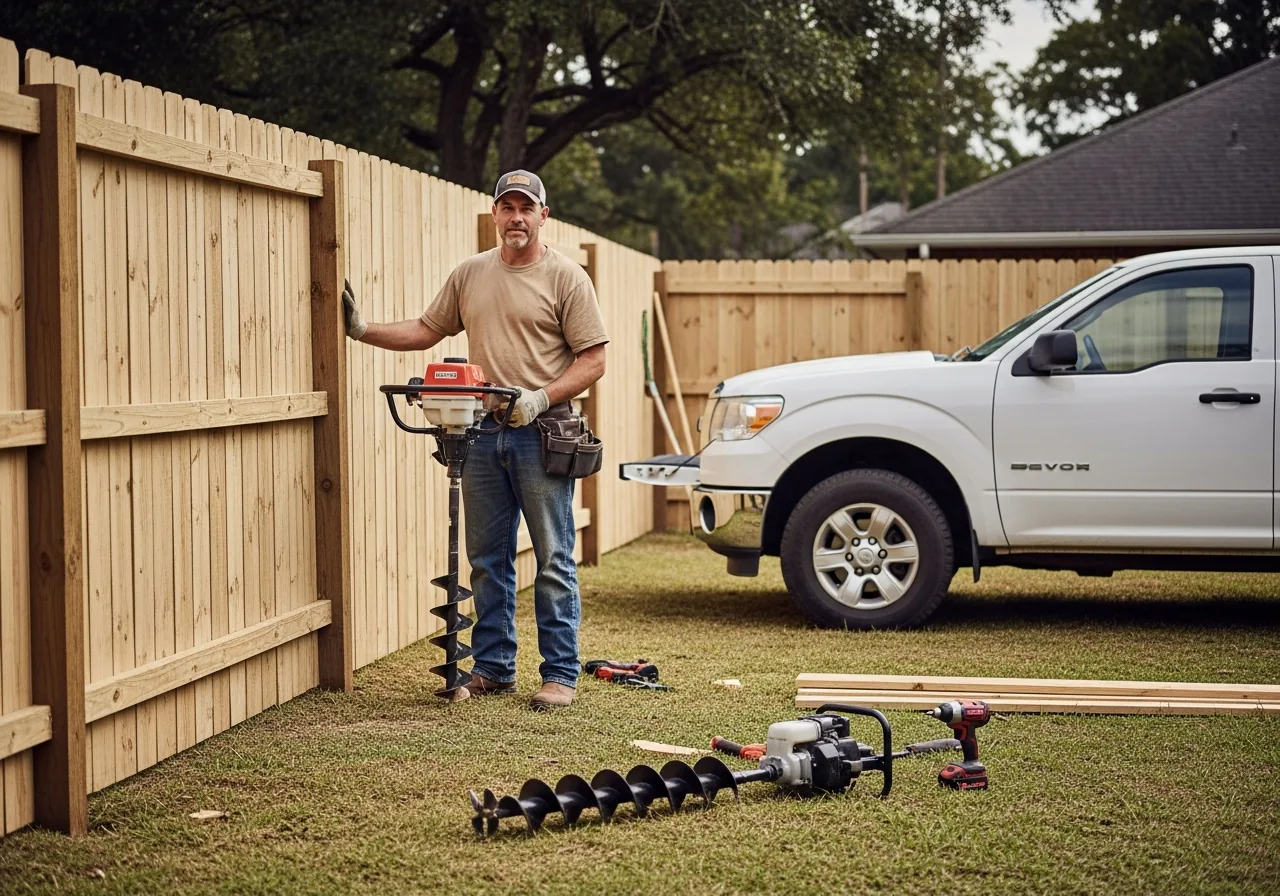 Fence installer standing beside a freshly built wooden privacy fence in a backyard