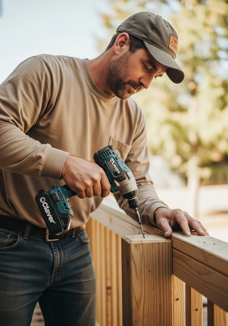 Fence installer driving an exterior screw through a cedar picket into the rail with a cordless impact driver
