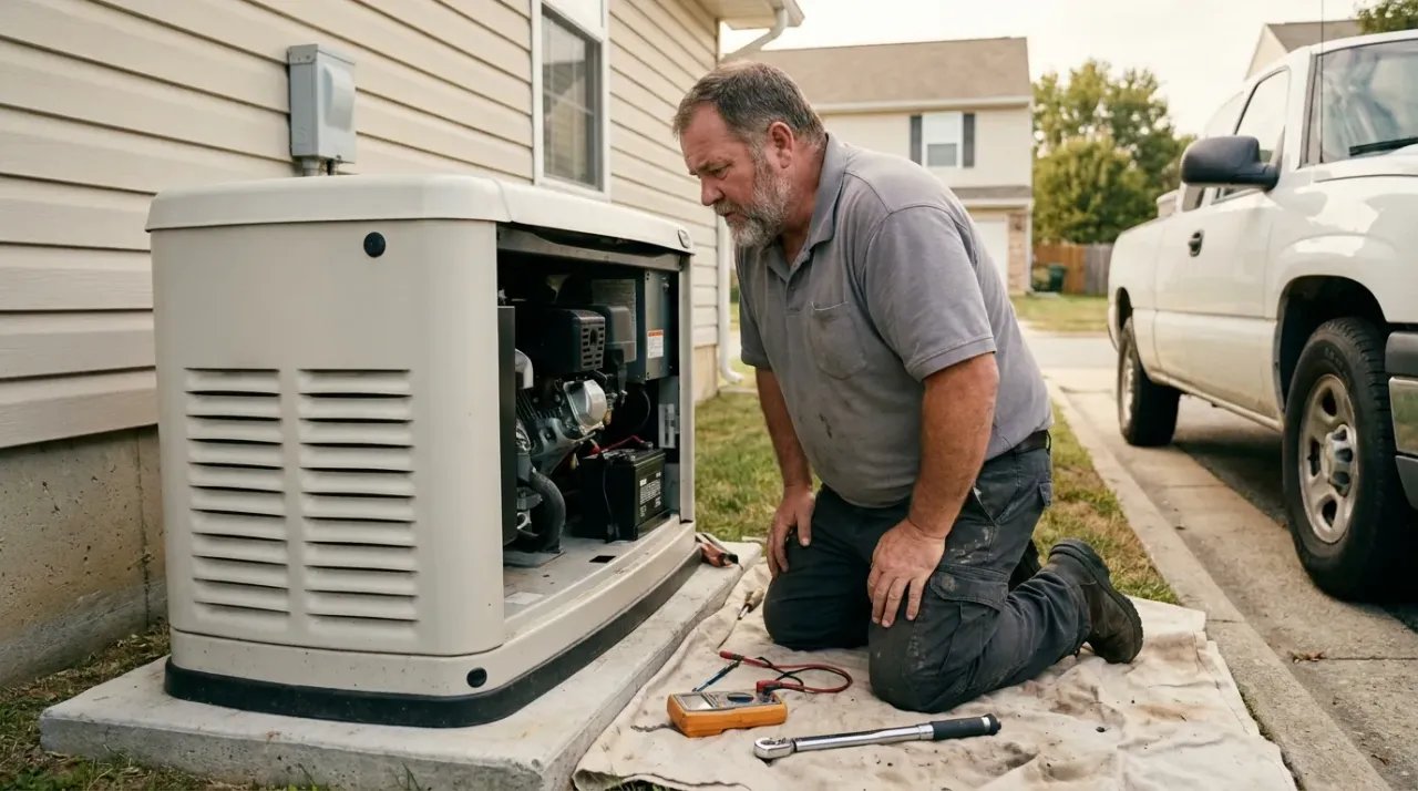 Standby generator technician kneeling beside a residential whole-home standby generator on a concrete pad next to the side of a house