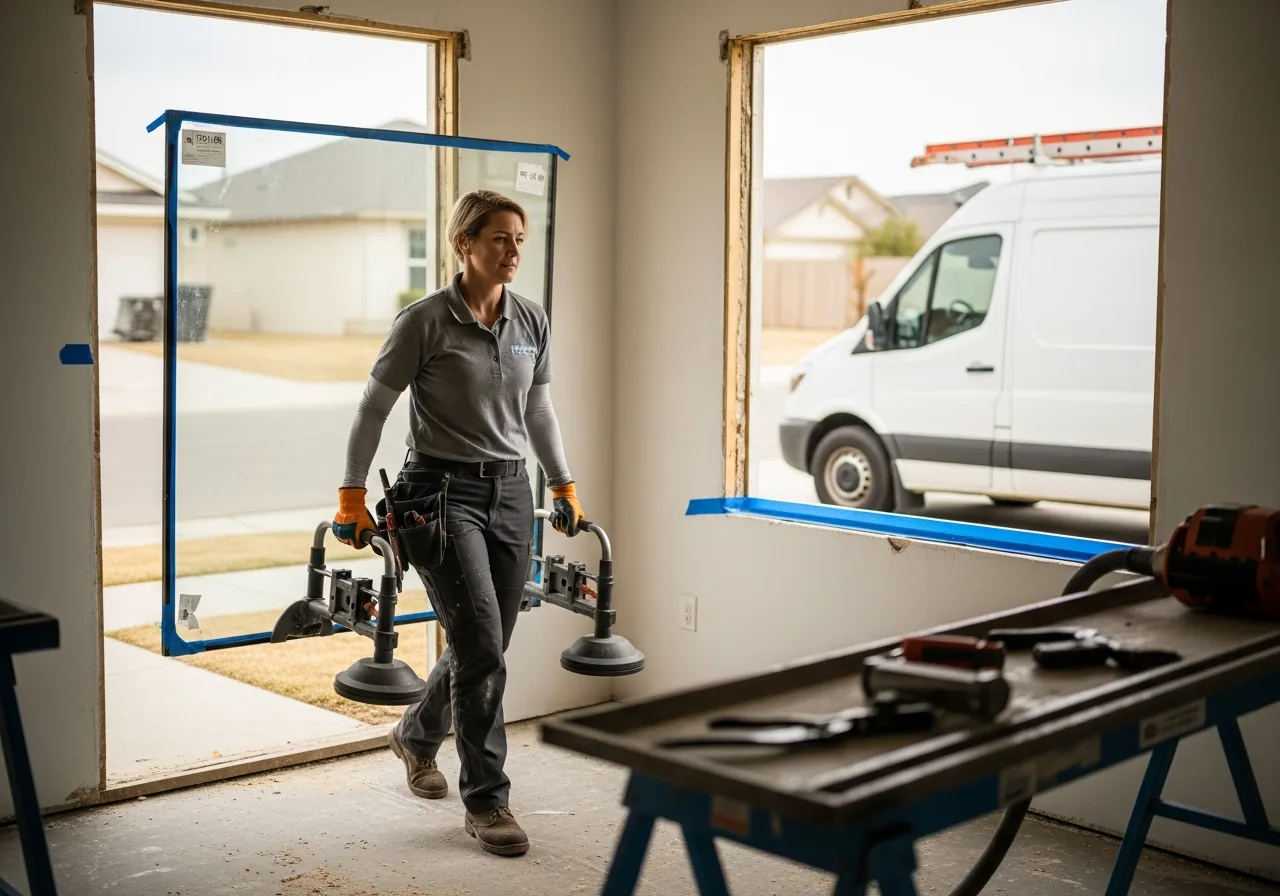 Glass technician in cut-resistant gloves and sleeves carrying a large pane of glass using double-cup vacuum lifters toward an empty window opening in a home under renovation