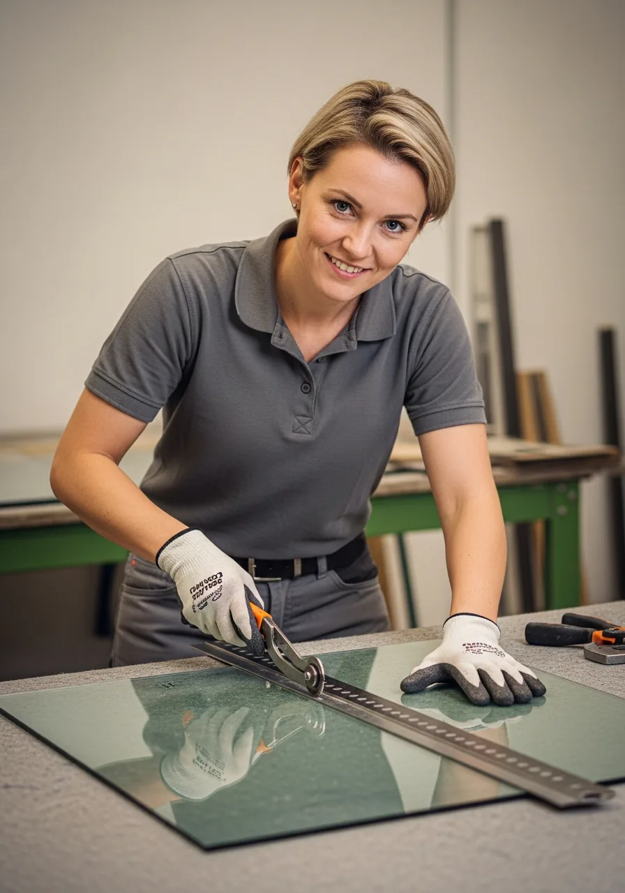 Glass technician in cut-resistant gloves drawing a carbide glass cutter along a steel straightedge across a pane laid flat on a felted cutting table