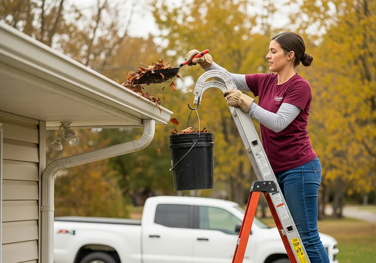 Gutter technician in work gloves standing on an extension ladder fitted with a U-shaped ladder stabilizer resting against the fascia