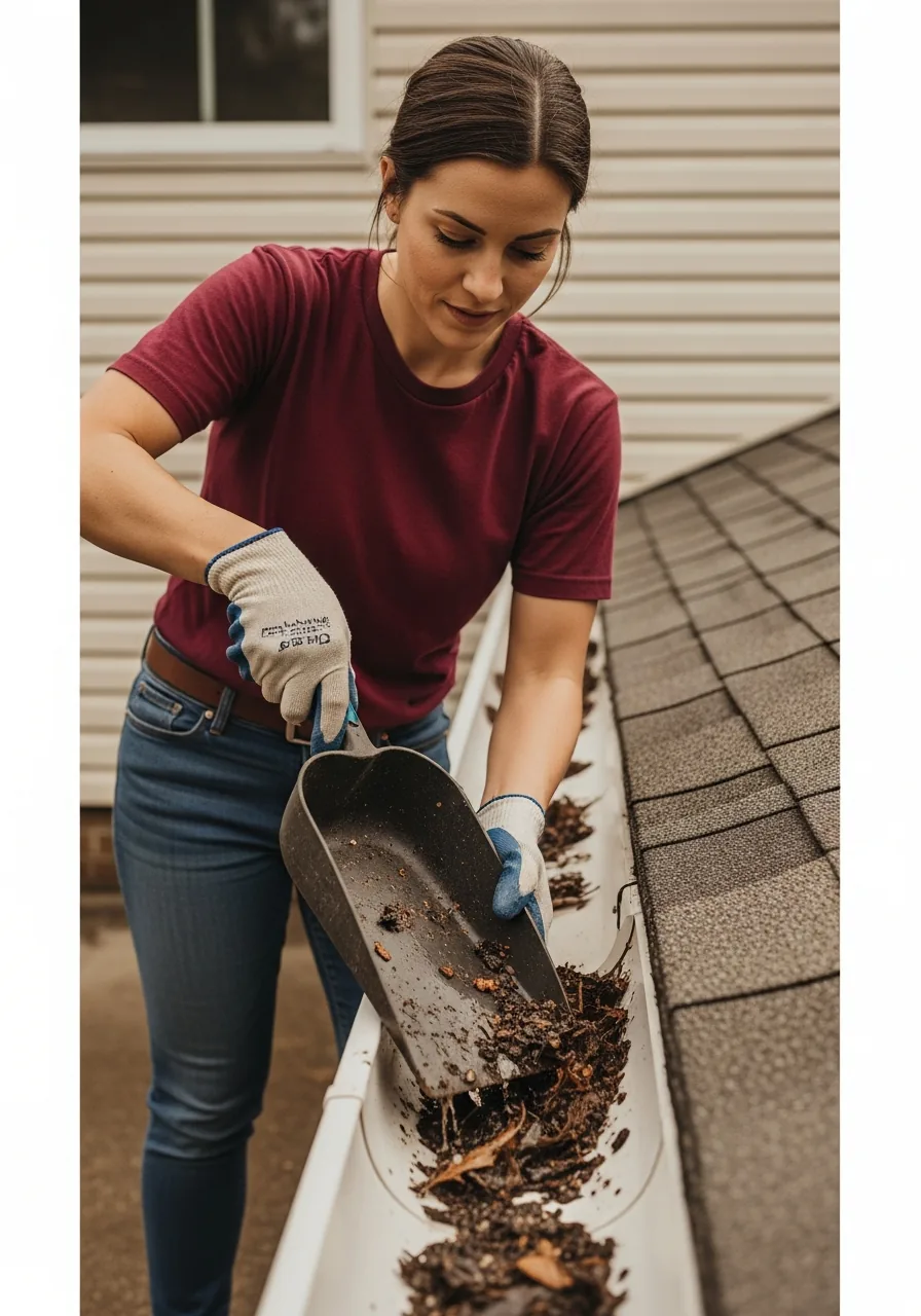 Gutter technician gloved hands dragging a plastic gutter scoop through a section of K-style gutter