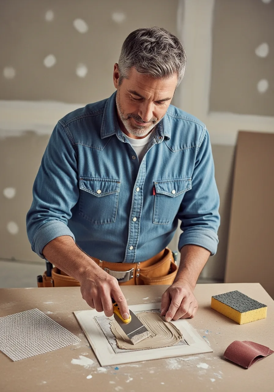 Handyman drawing a thin coat of joint compound across a small drywall patch with a 6-inch taping knife