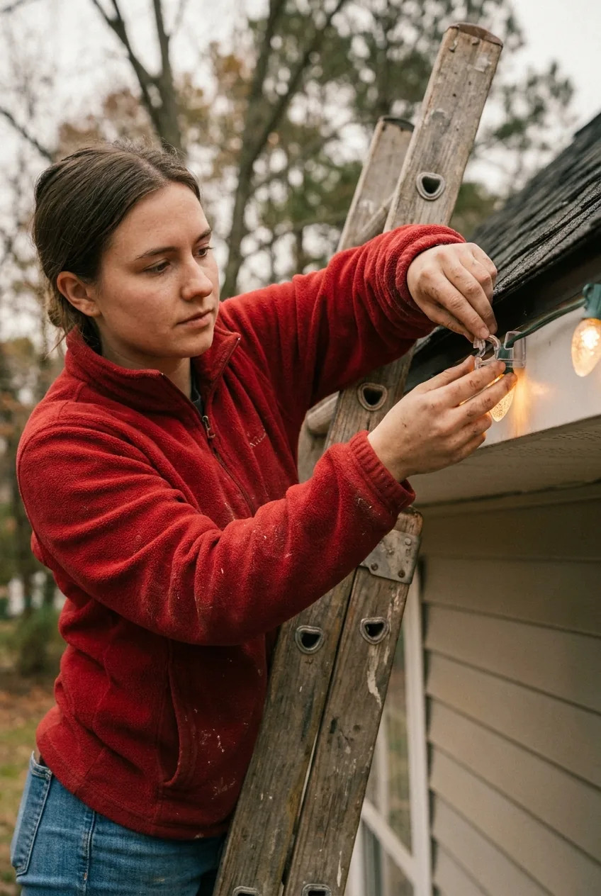 Holiday lighting installer snapping an all-in-one plastic shingle clip onto a C9 bulb socket along the roofline