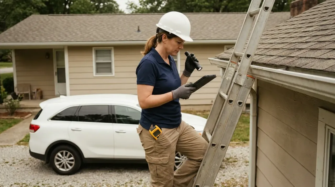 Home inspector standing at the top of an extension ladder at the roof eave of a residential home documenting findings on a tablet
