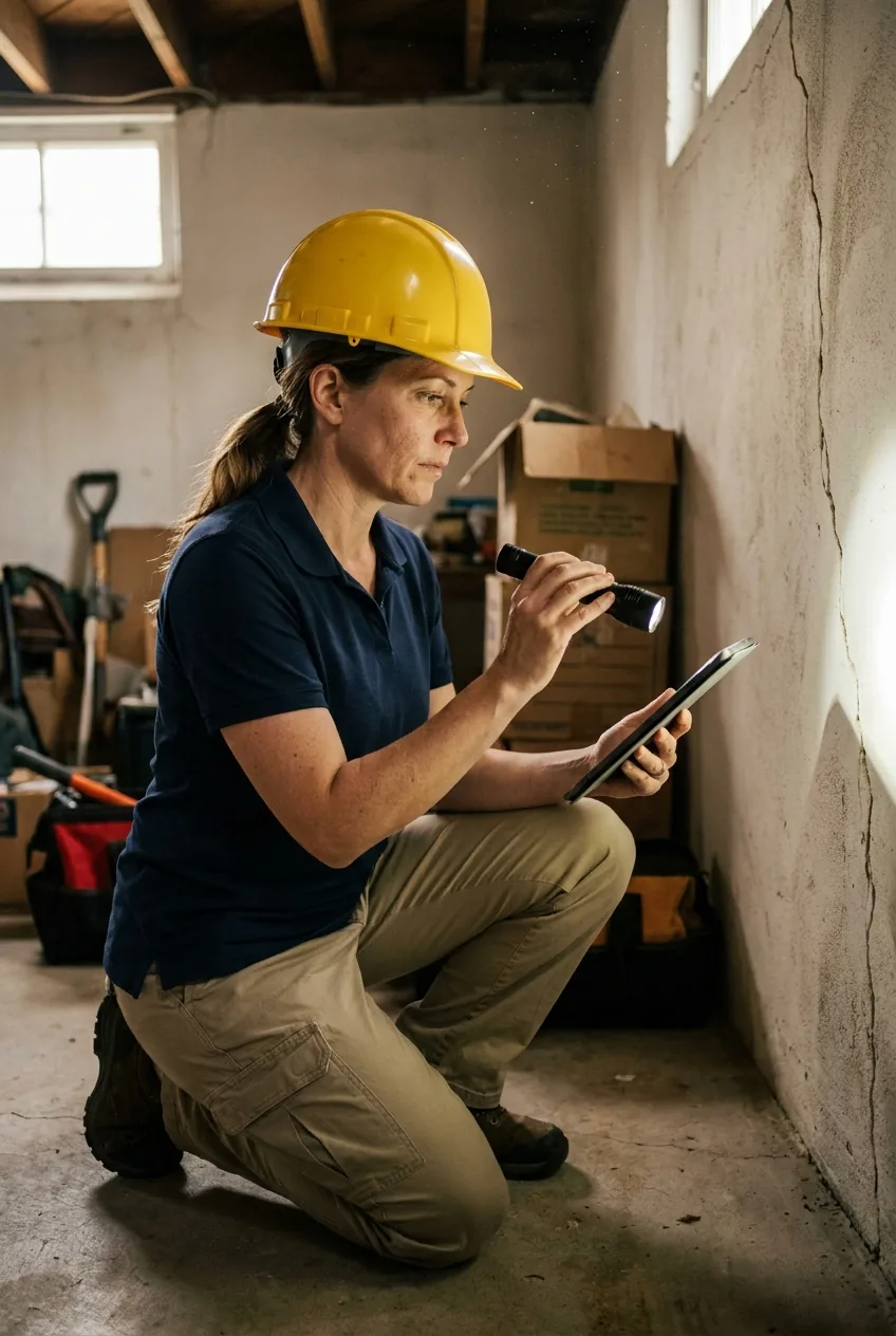 Home inspector kneeling in a residential basement aiming a flashlight at the foundation wall while photographing it with a tablet