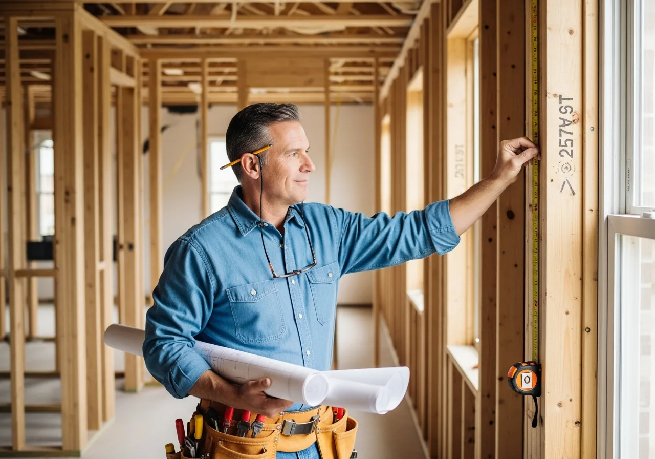 Remodeling contractor reviewing an open room down to bare studs with rolled plans under one arm and a 25-foot tape measure extended to a stud bay