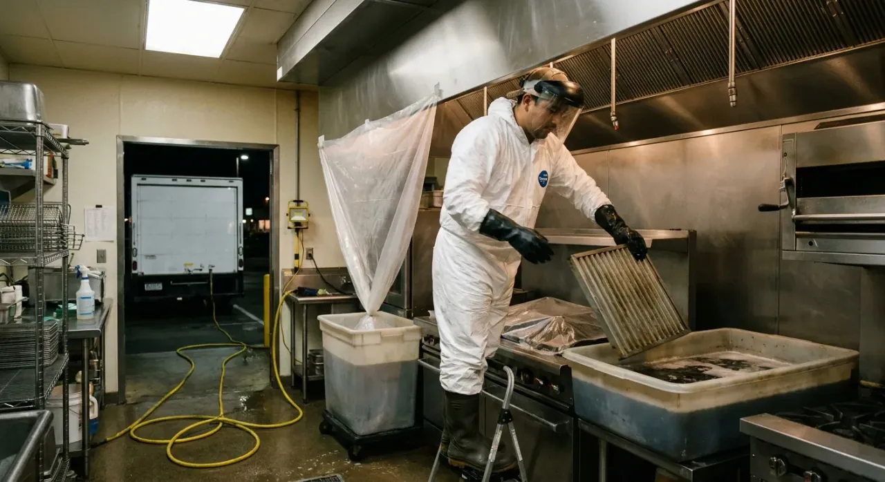 Commercial hood cleaning technician standing on a step ladder inside a commercial restaurant kitchen at night after close
