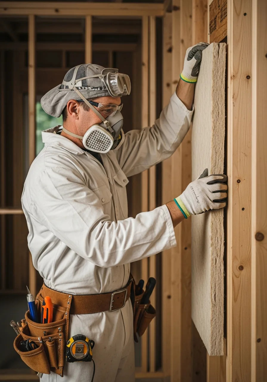 Insulation installer in a respirator and safety glasses press-fitting a fiberglass batt into an open 2x4 stud cavity in an unfinished room