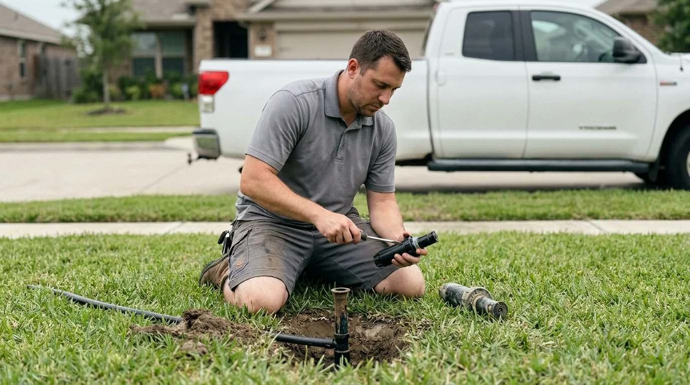 Irrigation technician kneeling on a green lawn swapping out a pop-up spray body at a small hand-dug hole exposing the poly lateral and riser