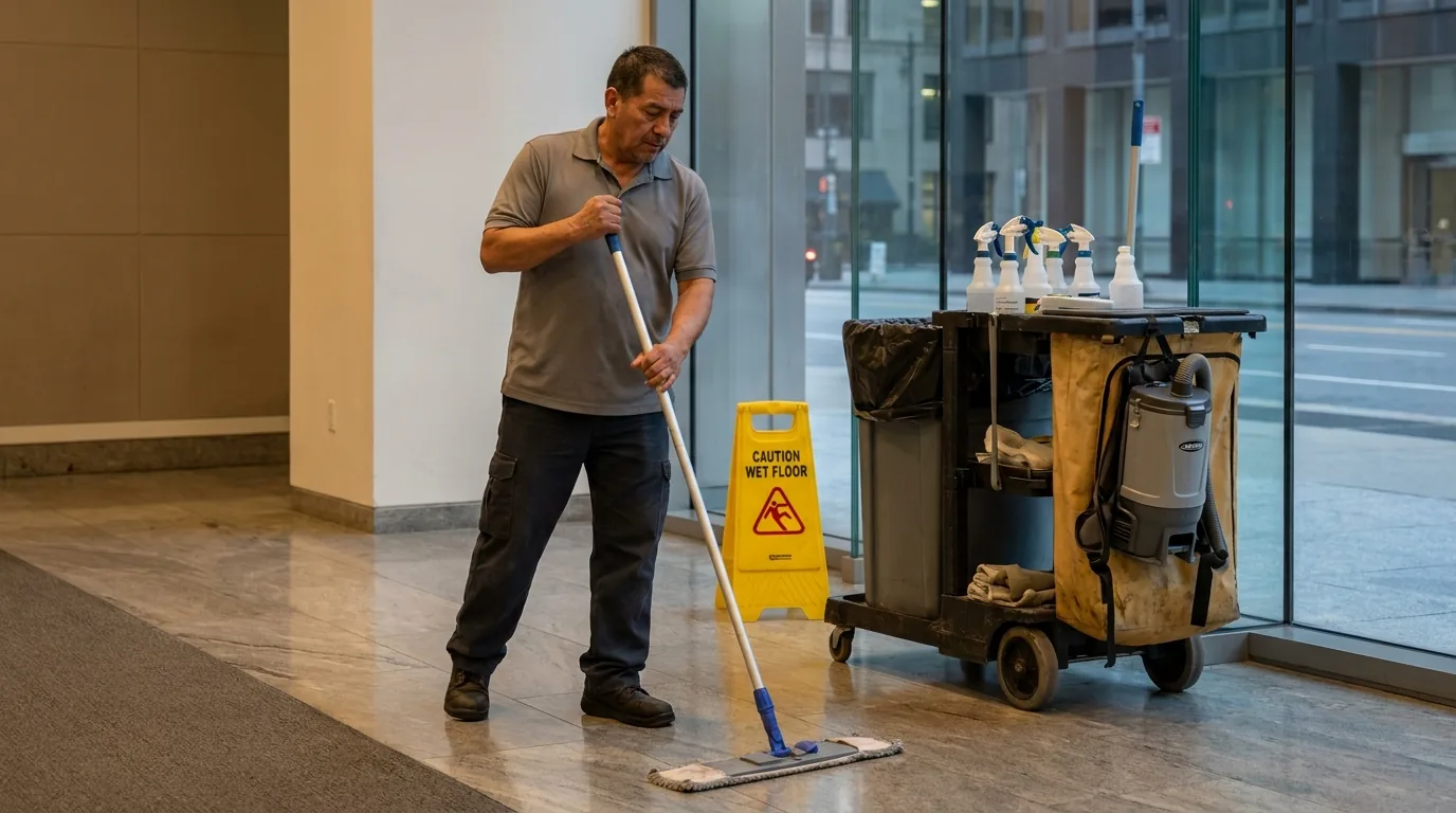 Janitorial professional running a microfiber flat mop across the floor of an empty office lobby in the evening