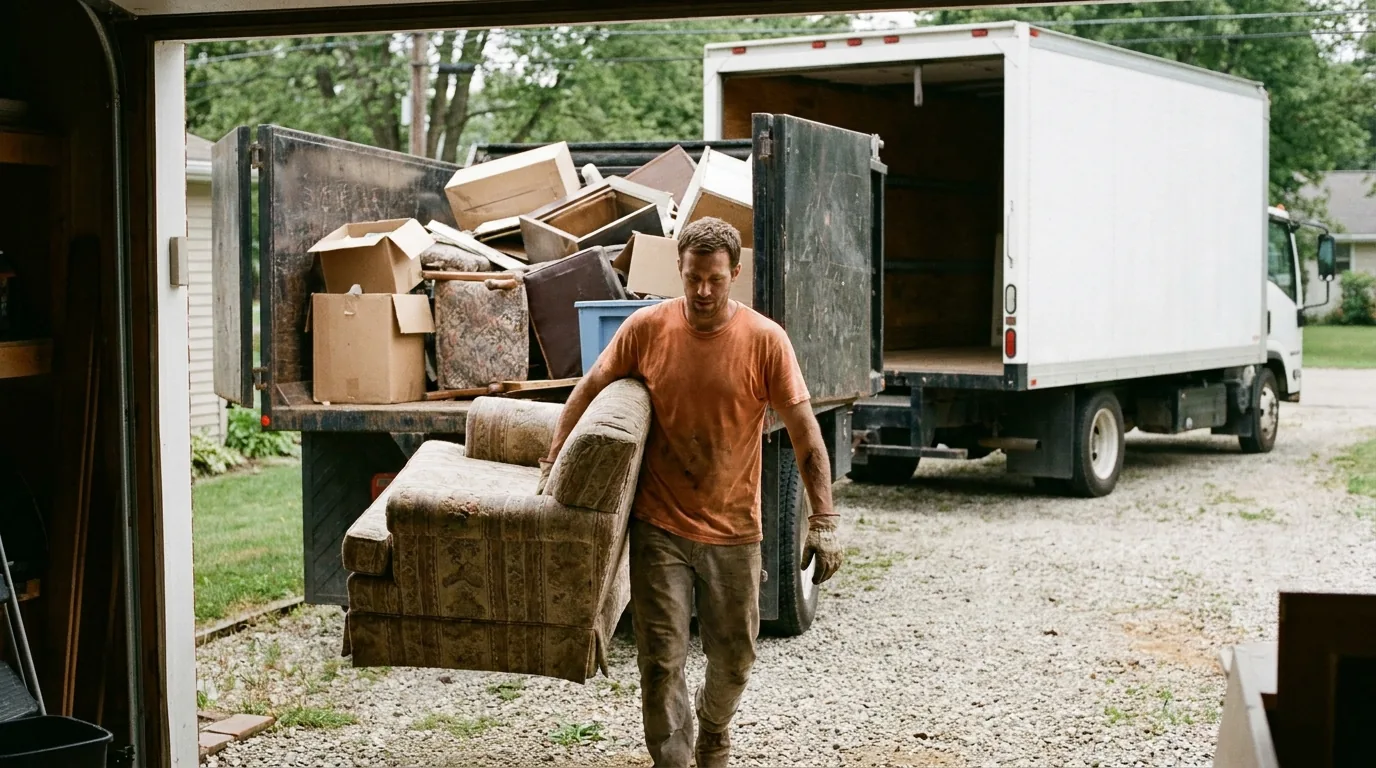 Junk removal pro carrying an old armchair from a garage in work gloves and a uniform shirt toward a high-side dump-body junk truck half-full of household items