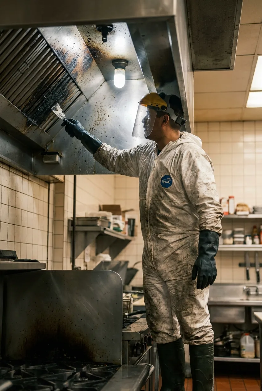 Commercial hood cleaning technician scraping carbonized grease from the inside of a commercial exhaust hood with a flat hood scraper