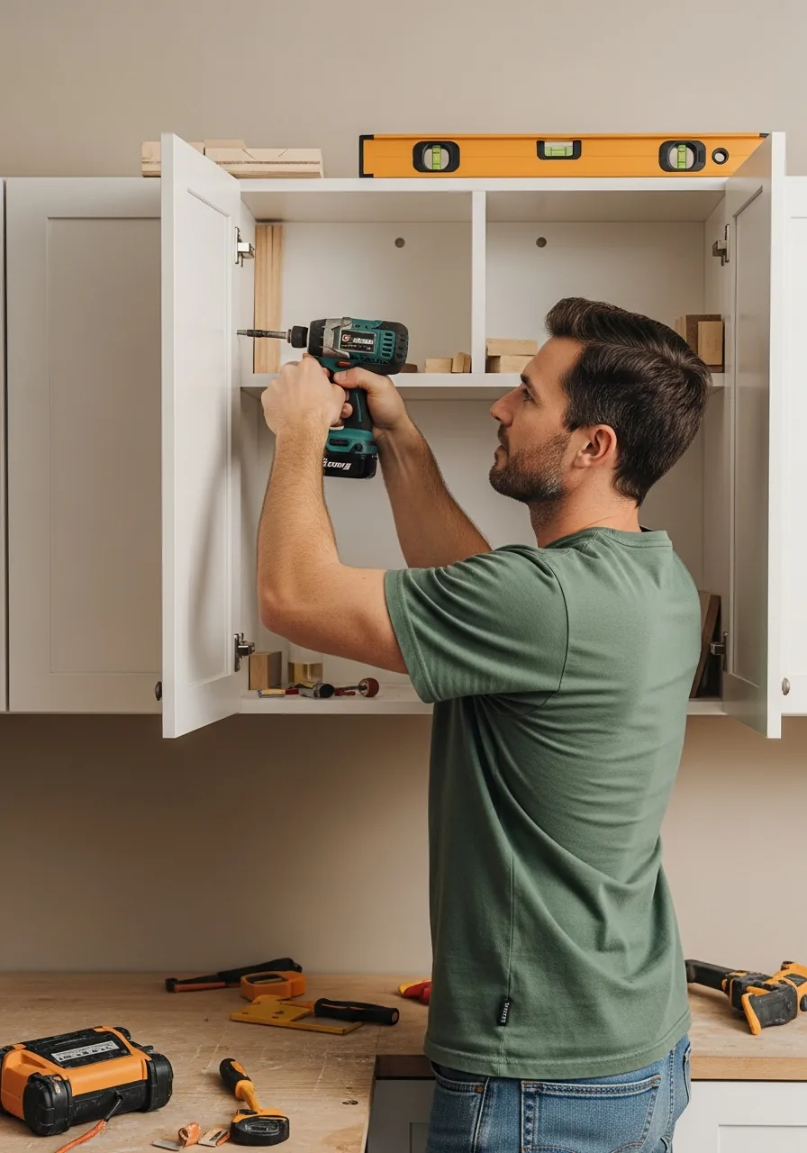 Kitchen remodeler driving cabinet screws into a stud through the upper cabinet's hanging rail with an impact driver