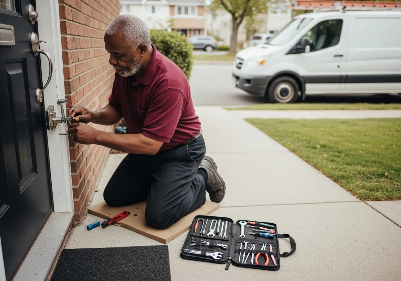 Locksmith kneeling on a foam pad at a residential front door servicing the deadbolt