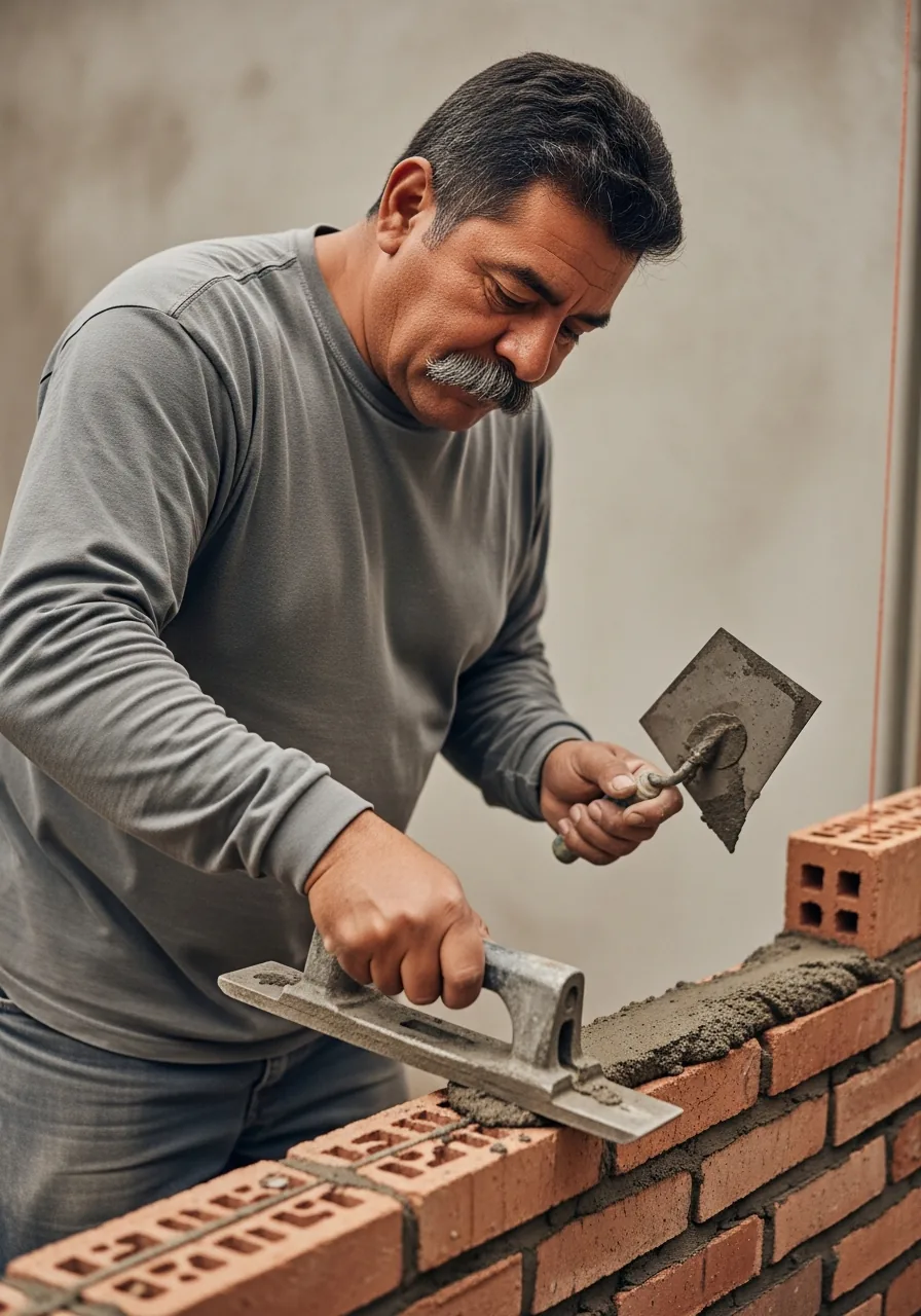 Mason drawing a concave jointer along a fresh mortar joint between courses of brick