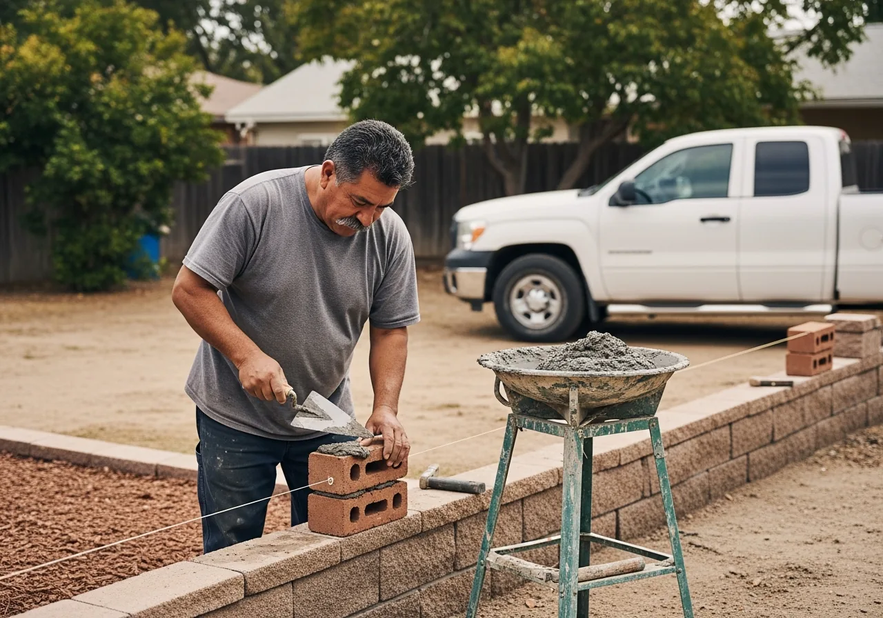 Mason buttering the end of a brick with a diamond-point brick trowel and setting it onto a low garden wall along a taut mason's line strung between line blocks