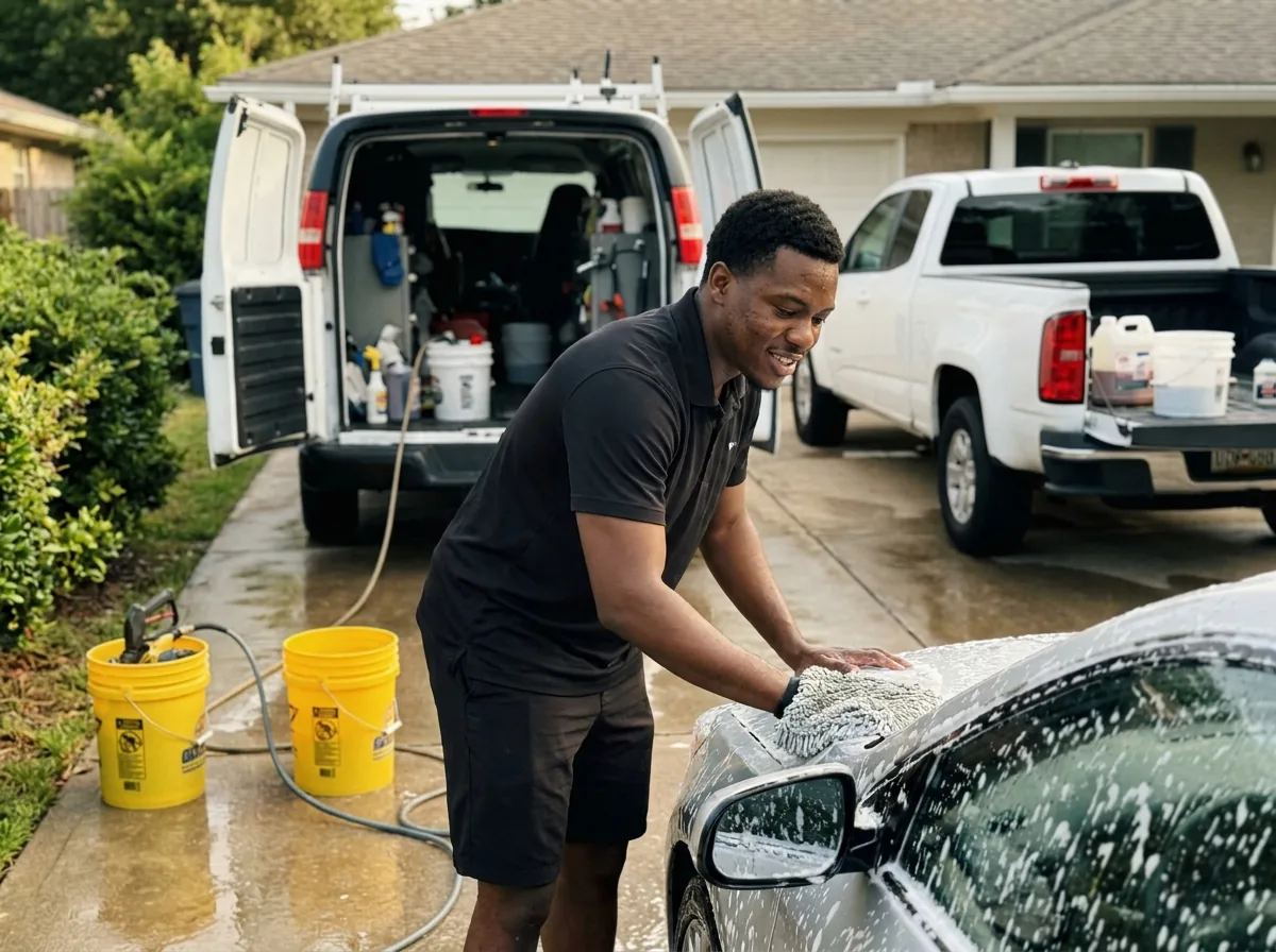 Mobile auto detailer hand-washing a car in a driveway with a wash mitt and foam cannon