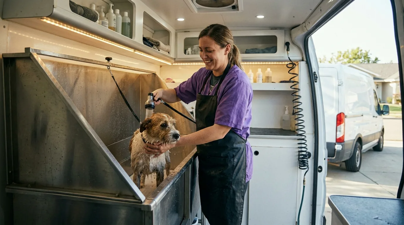 Mobile pet groomer in a waterproof apron bathing a medium dog in a stainless-steel raised tub inside a custom mobile grooming van