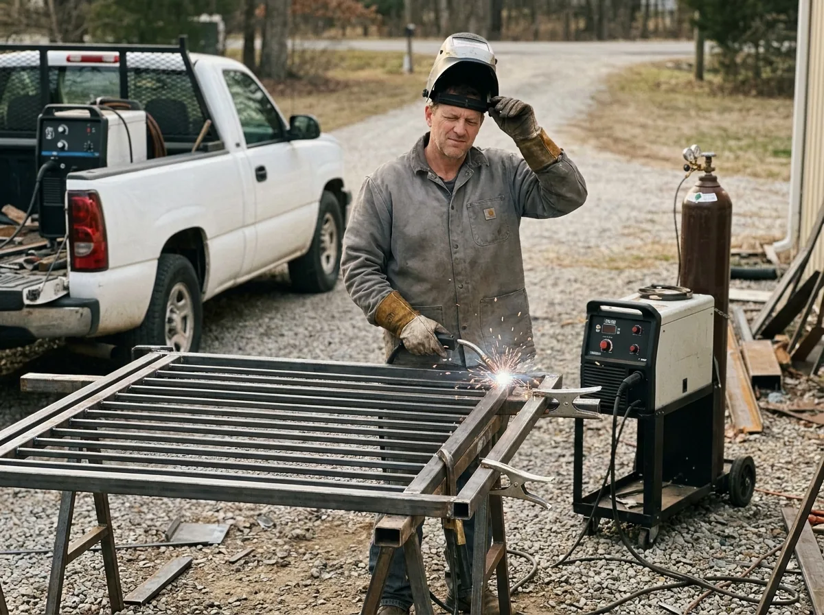Mobile welder welding a steel gate frame in an open driveway in a welding jacket and gloves