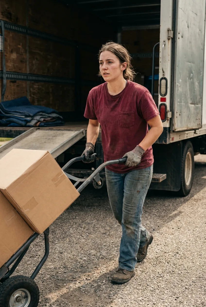 Mover in gripper gloves and a company t-shirt carrying a labeled cardboard moving box toward the open rear of a box truck