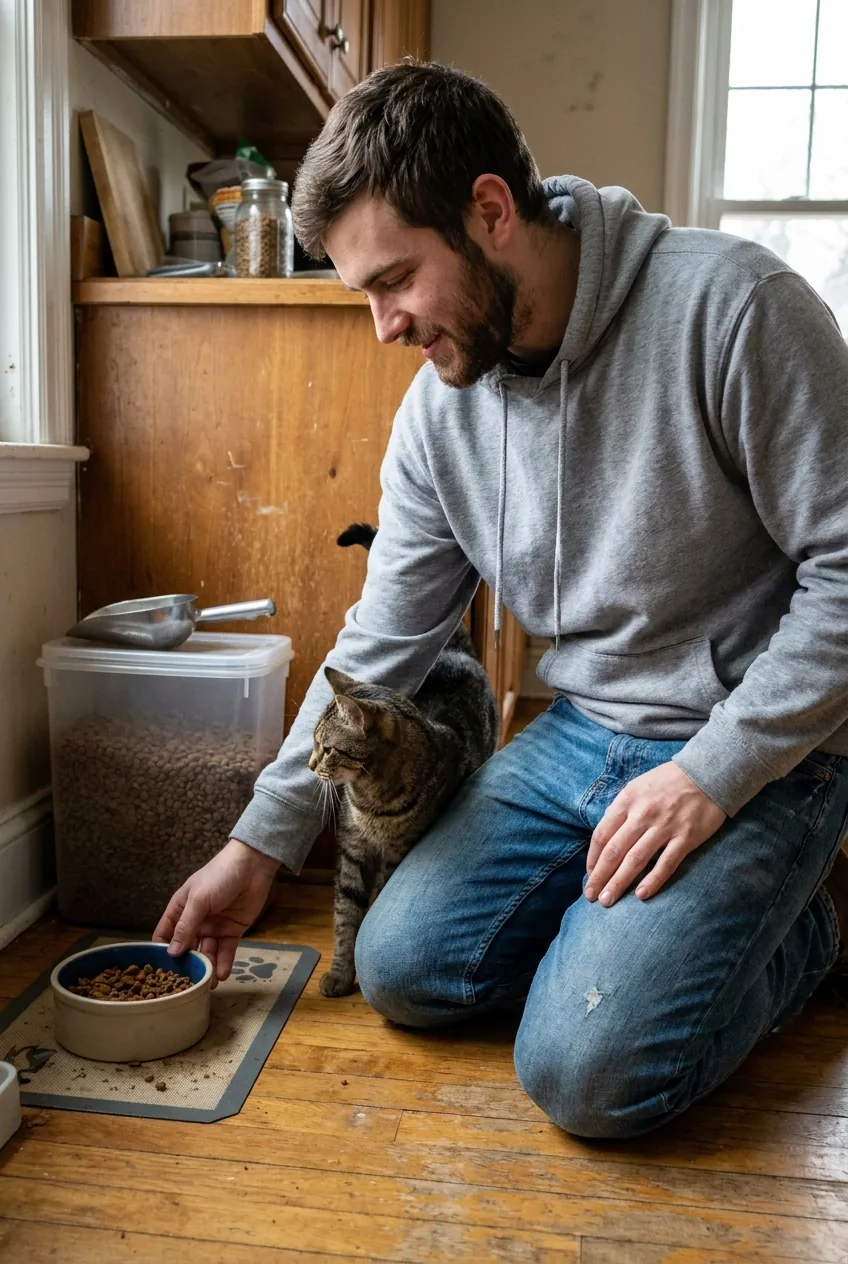 Pet sitter kneeling on a kitchen floor setting a ceramic food bowl down for a cat