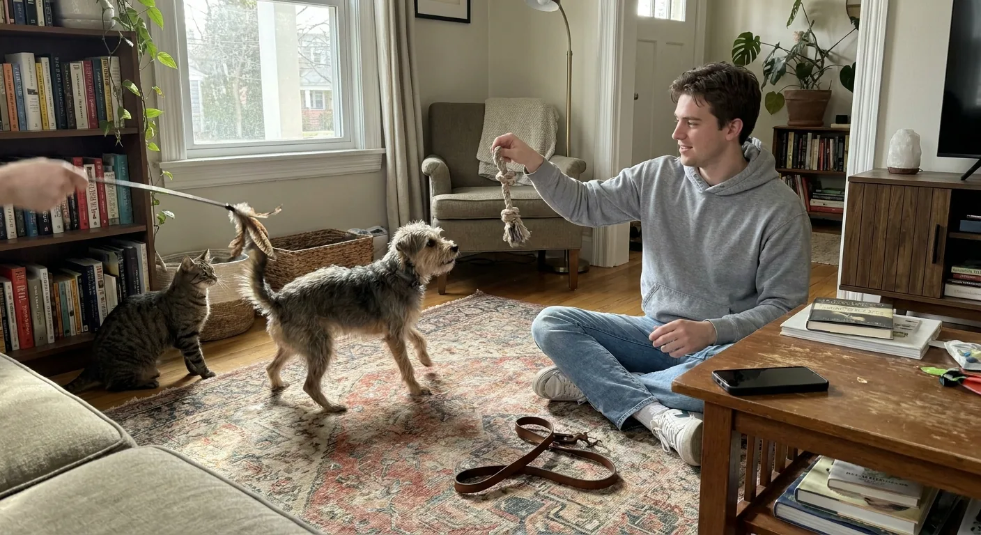 Pet sitter sitting cross-legged on a living-room rug tossing a rope toy for a dog while a cat bats at a feather wand beside her