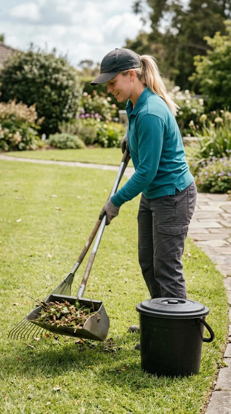 Pet waste removal pro using a long-handled metal rake-and-pan scooper on a lawn